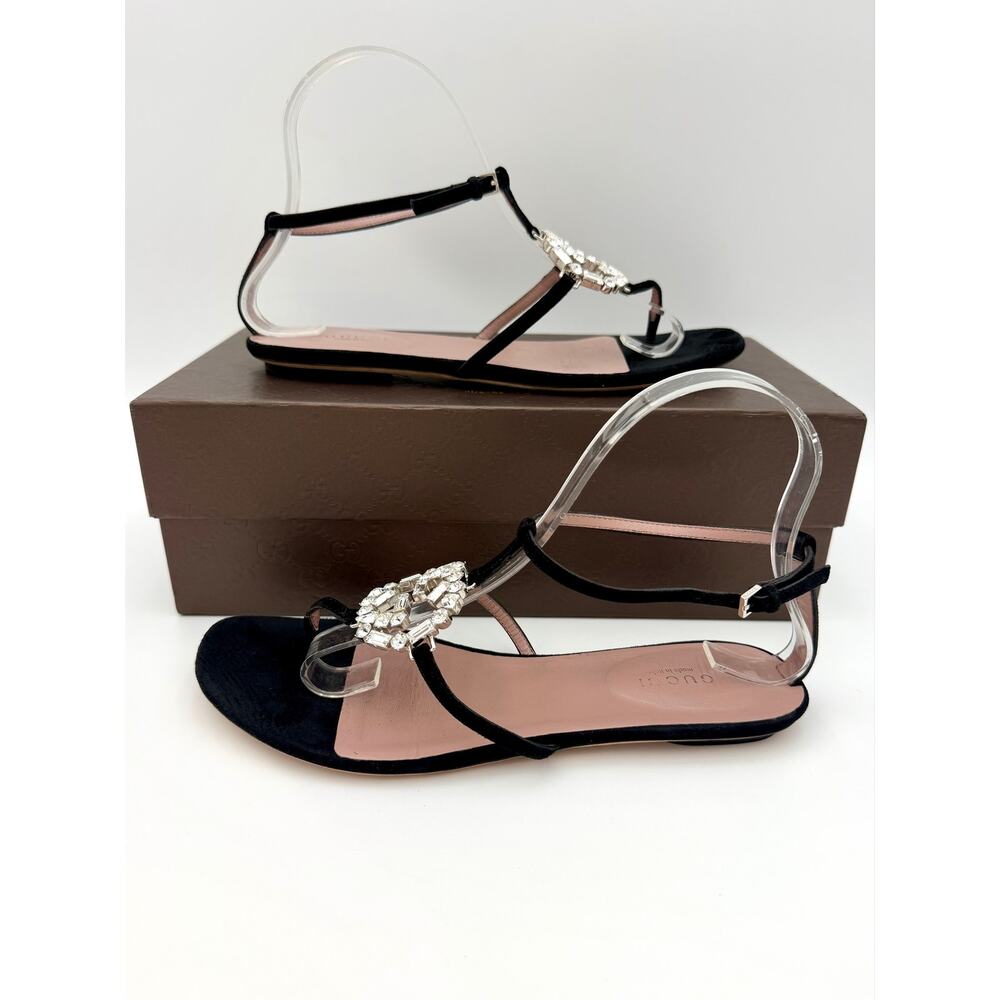 Gucci Black Suede Crystal GG Thong Sandals Size 37.5 / 7 Flat T-strap Gladiator - Picture 7 of 15